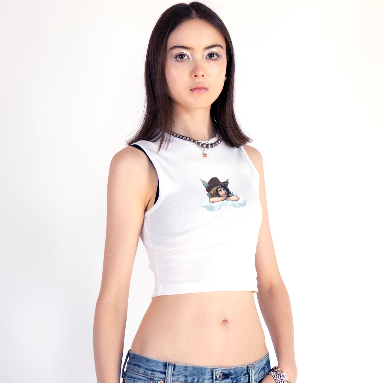 white RODEO angel cropped tank